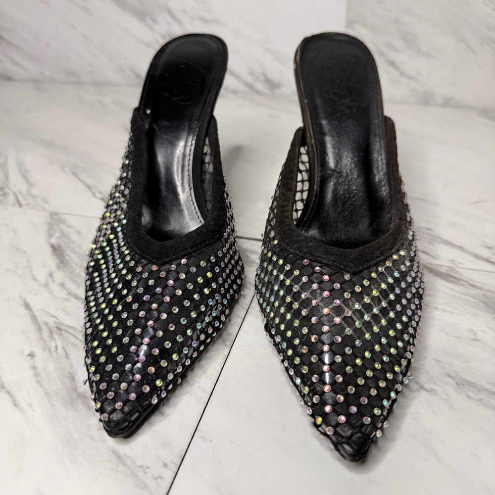 Black Mesh Rhinestone Pointed Toe Heeled Mules Flared Kitten Heel SZ 9